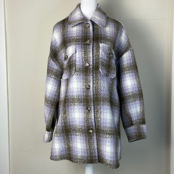 Avec Les Filles Purple White Brown Plaid Relaxed Oversized Jacket Shirt Size S - Picture 2 of 5